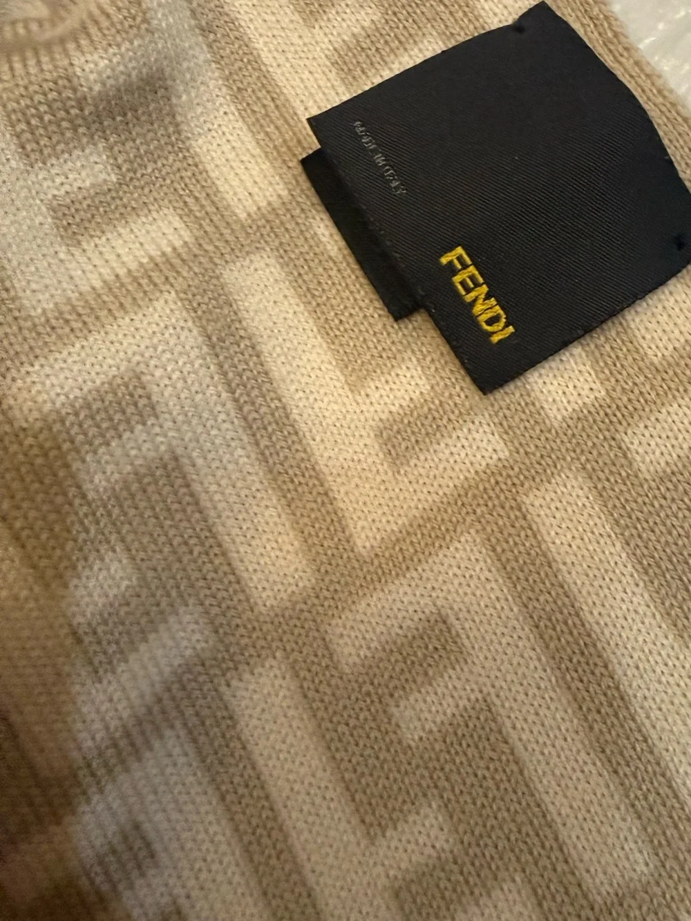 Fendi FF Zucca Logo Reversible 100% Wool Knit Scarf Beige